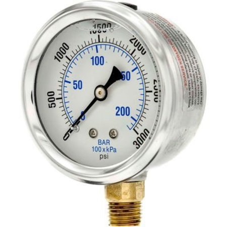 Engineered Specialty Products, Inc Pic Gauges 2-1/2" Vacuum Gauge, Liquid Filled, 3000 PSI, Stainless Case, Lower Mount, PRO-201L-254P PRO-201L-254P
